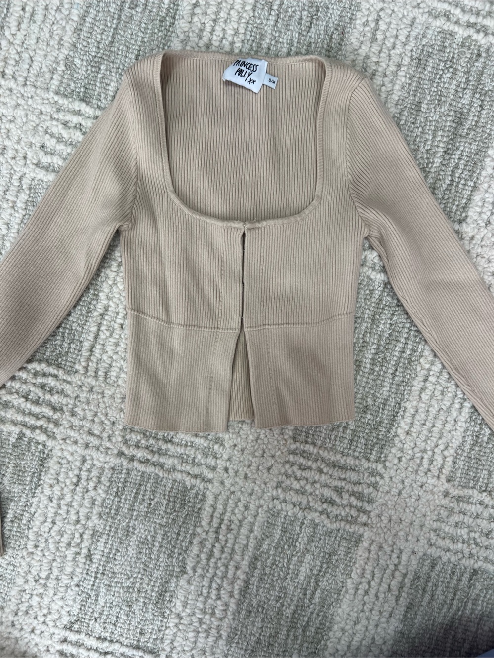 Princess Polly Beige Ribbed Square-Neck Long Sleeve Top